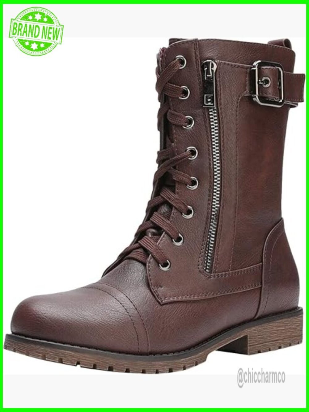 Vegan Leather Mid-Calf Combat Boots with Lace-Up and Side Zipper